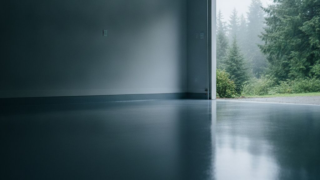 Glossy polyurea garage floor with misty evergreen forest view